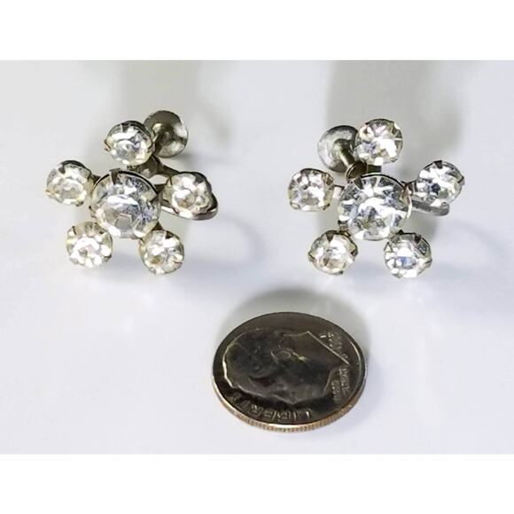Vintage Weiss Flower Rhinestone Screw Back Earrings, 1950's , 3/4 Inch - Picture 2 of 10